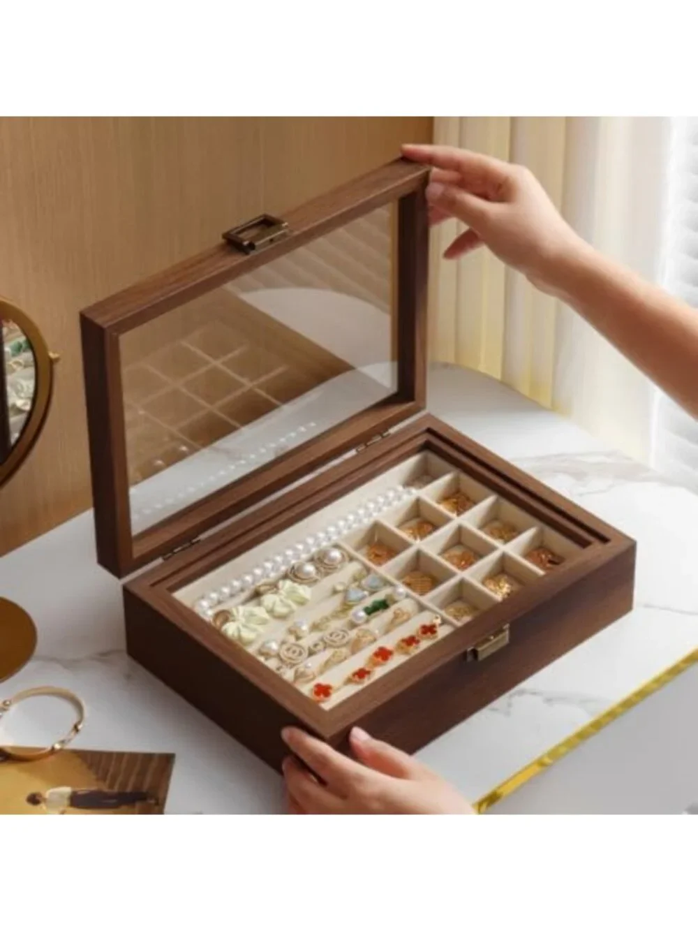 Elegant 2-Layer Wooden Jewelry Box with Glass Lid - Stylish Organizer for